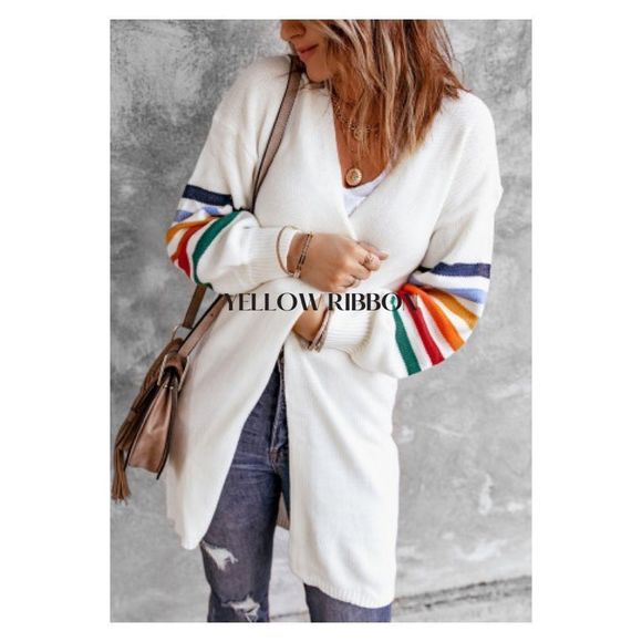 NEW Vintage 70’s 80’s White Rainbow Stripe Open Front Cardigan Sweater - Picture 8 of 8